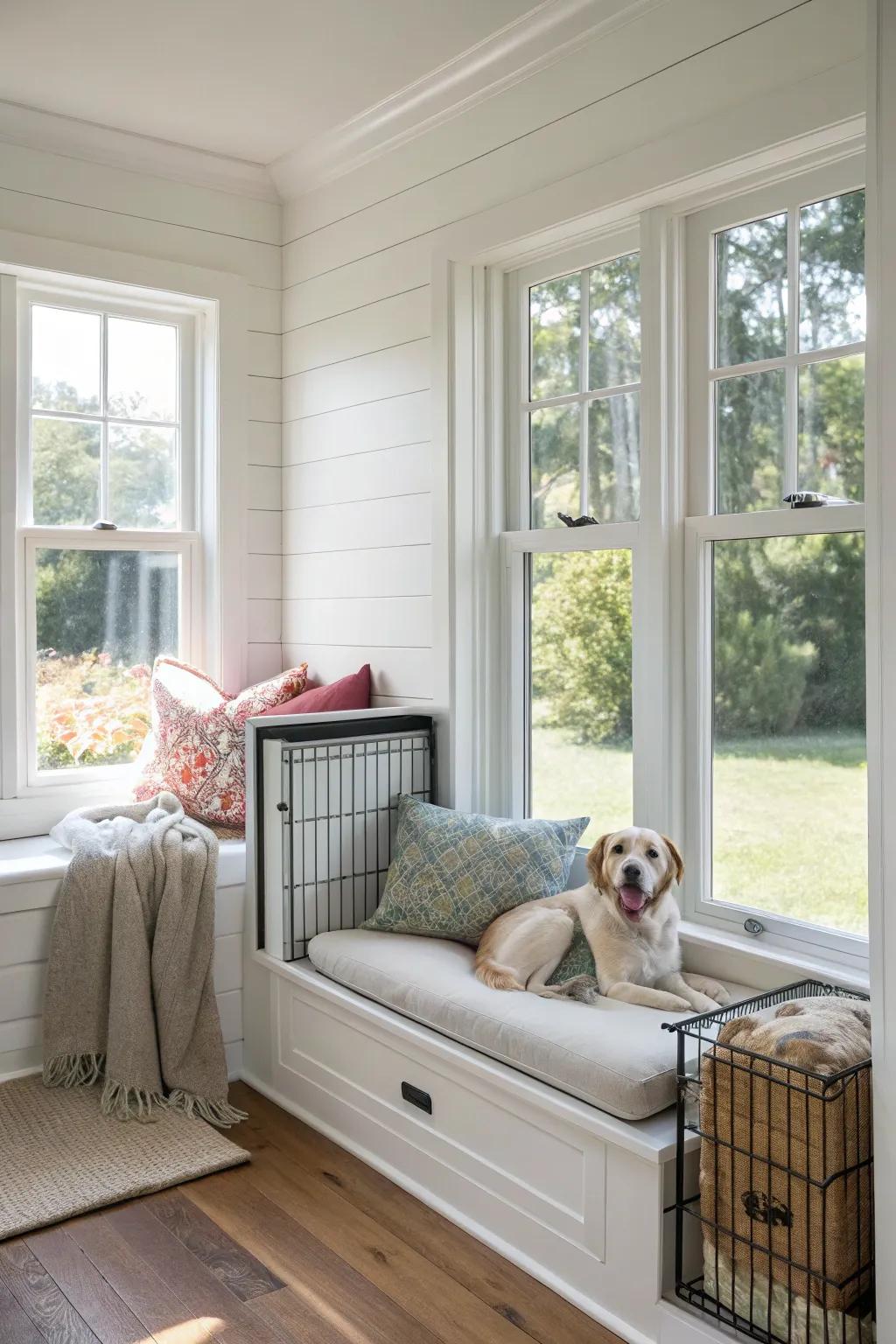 A window seat that also serves as a cozy kennel area.