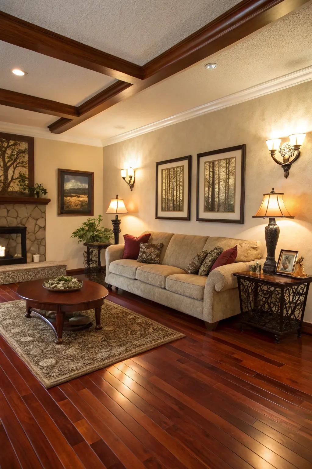 Art pieces unify the room's visual components.