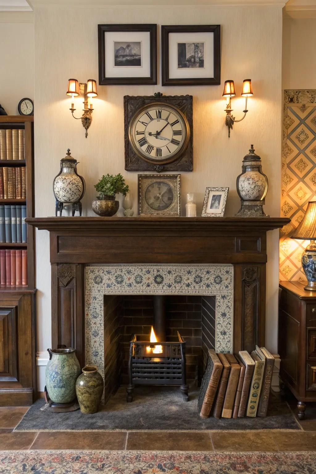 Blending vintage and modern aspects lends eclectic charm to the fireplace.