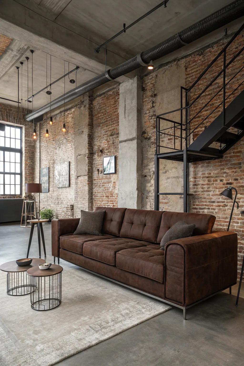 An industrial edge meets cocoa warmth for a stylish contrast.
