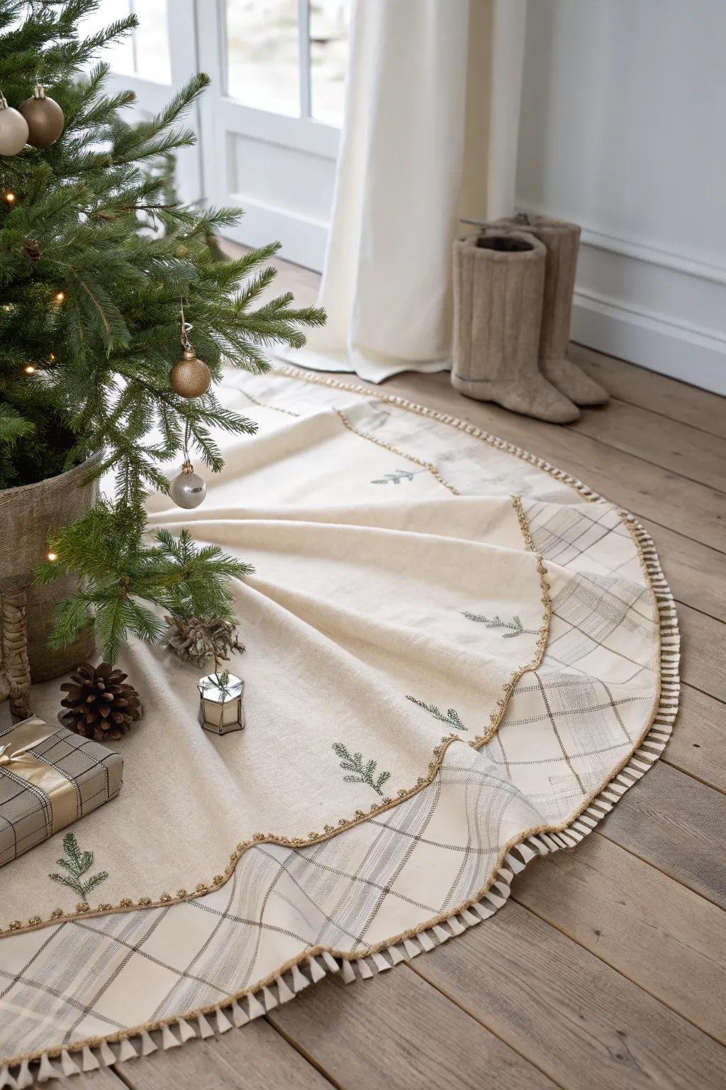 Elevate your celebratory aesthetic with a hand-fashioned Yuletide tree wrap that blends minimalist elegance and boho charm.