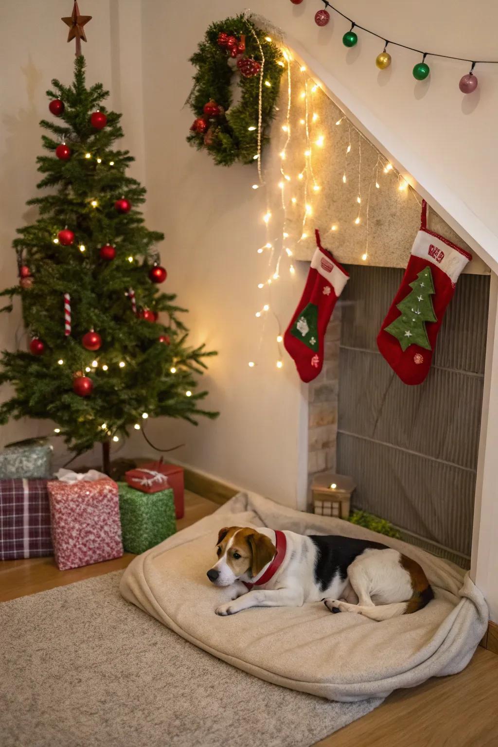 A creature-affable recess featuring snug Christmas ornamentation.