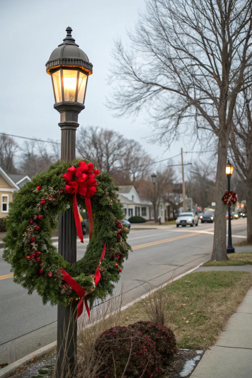 An inviting wreath warms up a wintery lamp post.