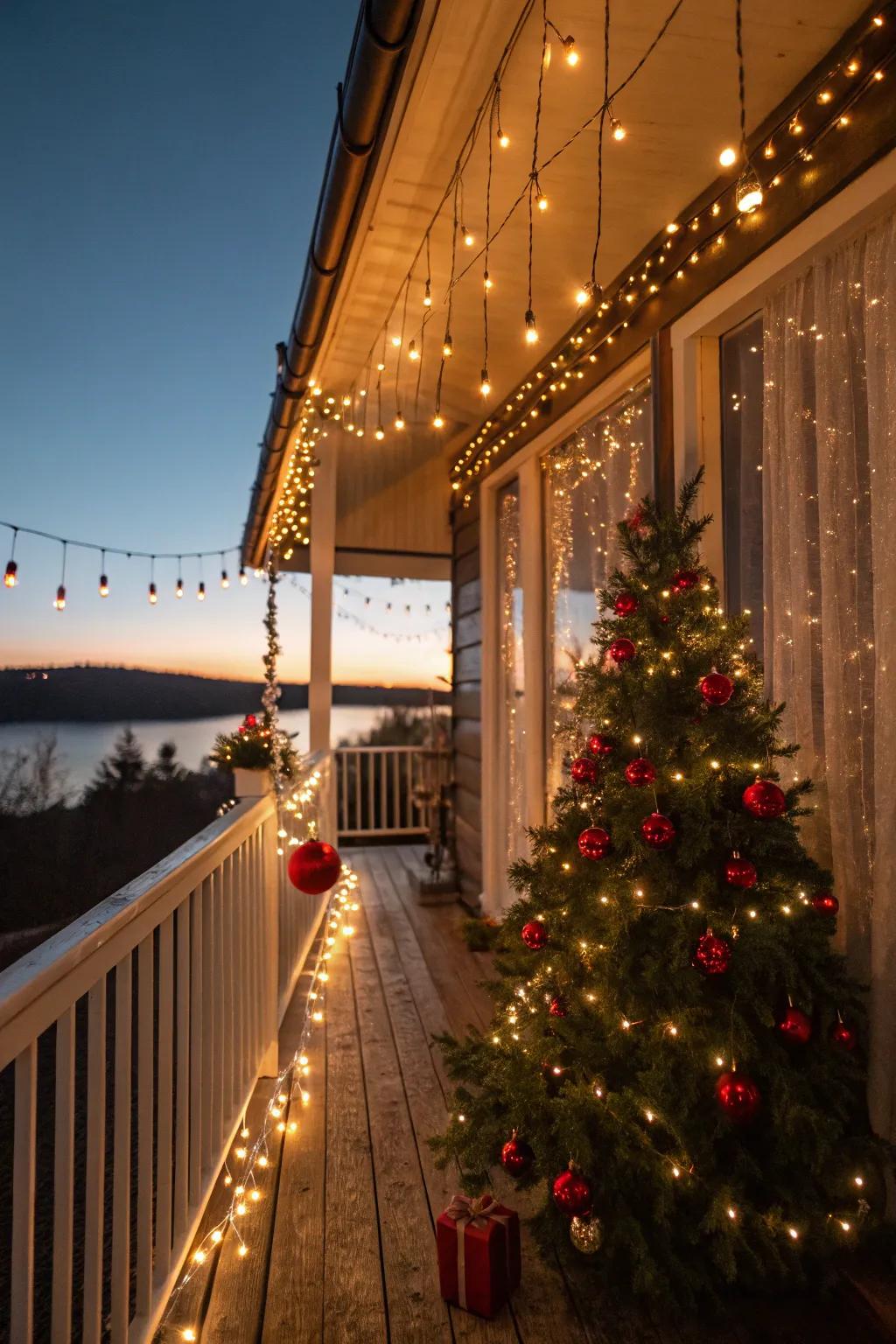A cozy balcony adorned with warm Christmas radiance strands.