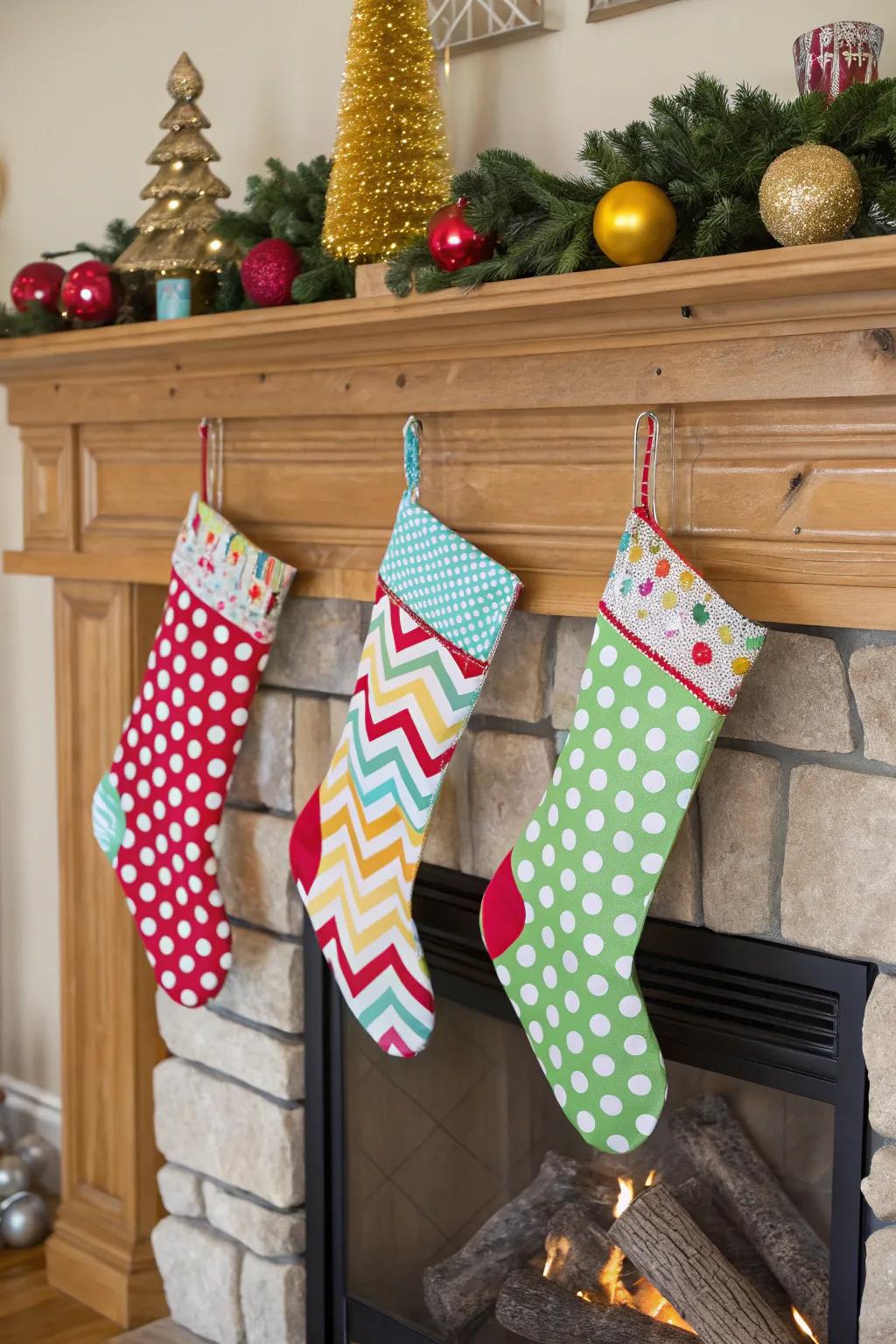 Playful patterns like polka dots add whimsy to holiday stockings.