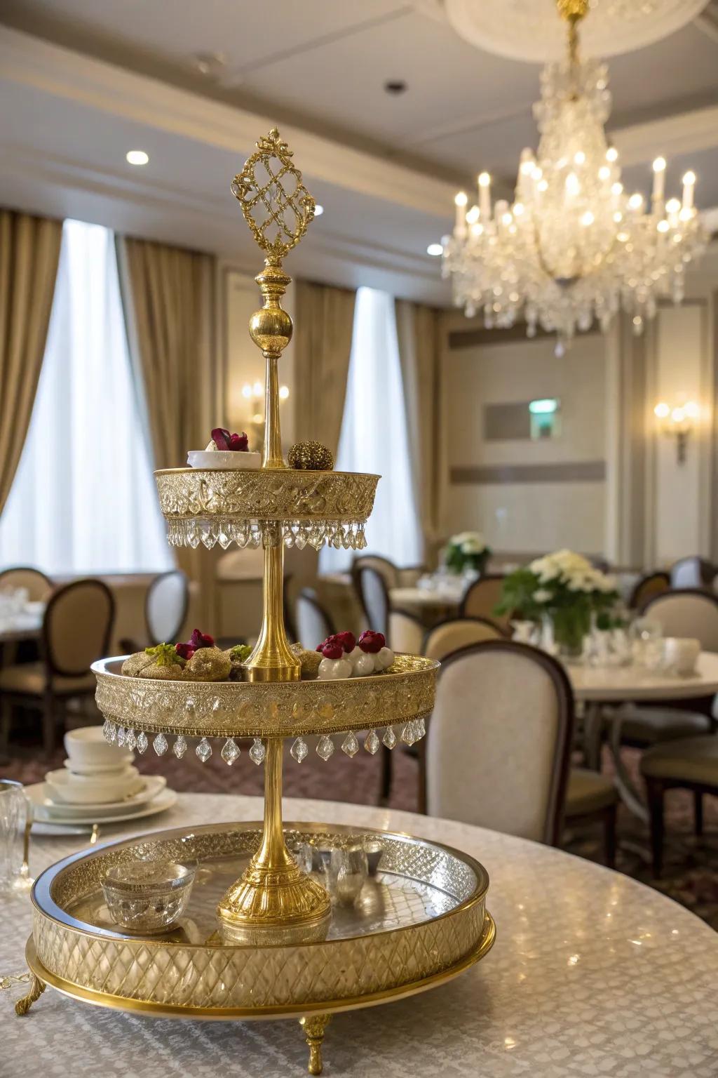 Luxury gold highlights bring elegance to this multi-level display.
