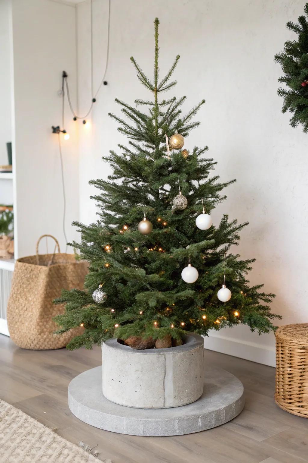 An aggregate platform furnishes a sleek, modern base for your tree.