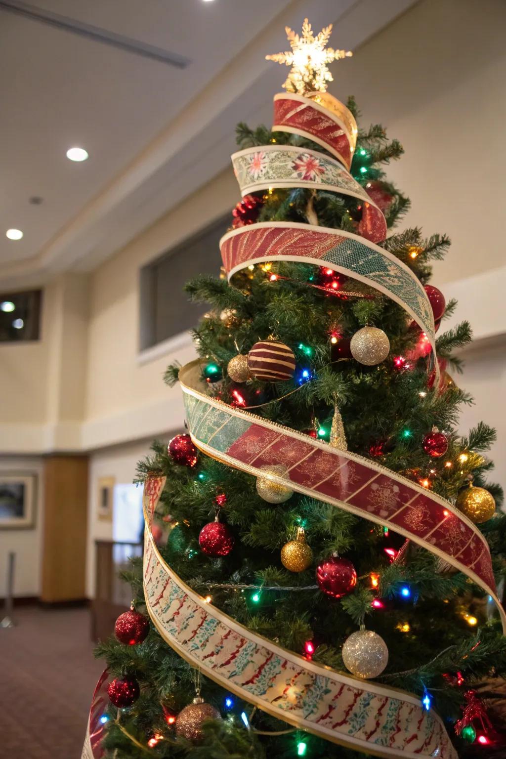 A Christmas tree with spiraled wraps, bringing dynamic motion to the festive display.