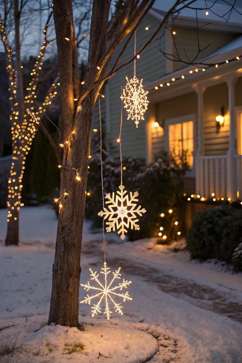 Lighted snow crystal ornaments suspended gracefully from trees.