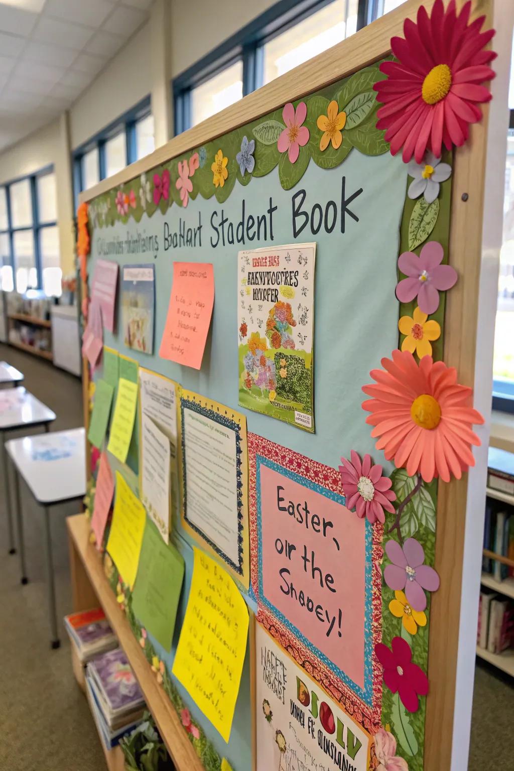 A literary-themed board with Easter and spring book jackets.