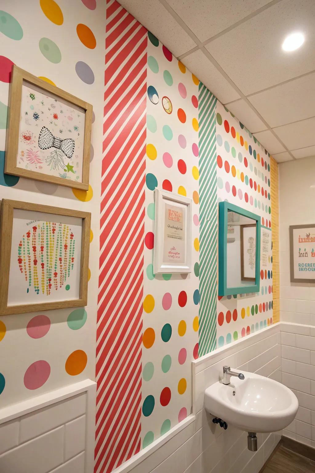 A bathroom wall enlivened with cheerful patterned art adding cheer and energy.