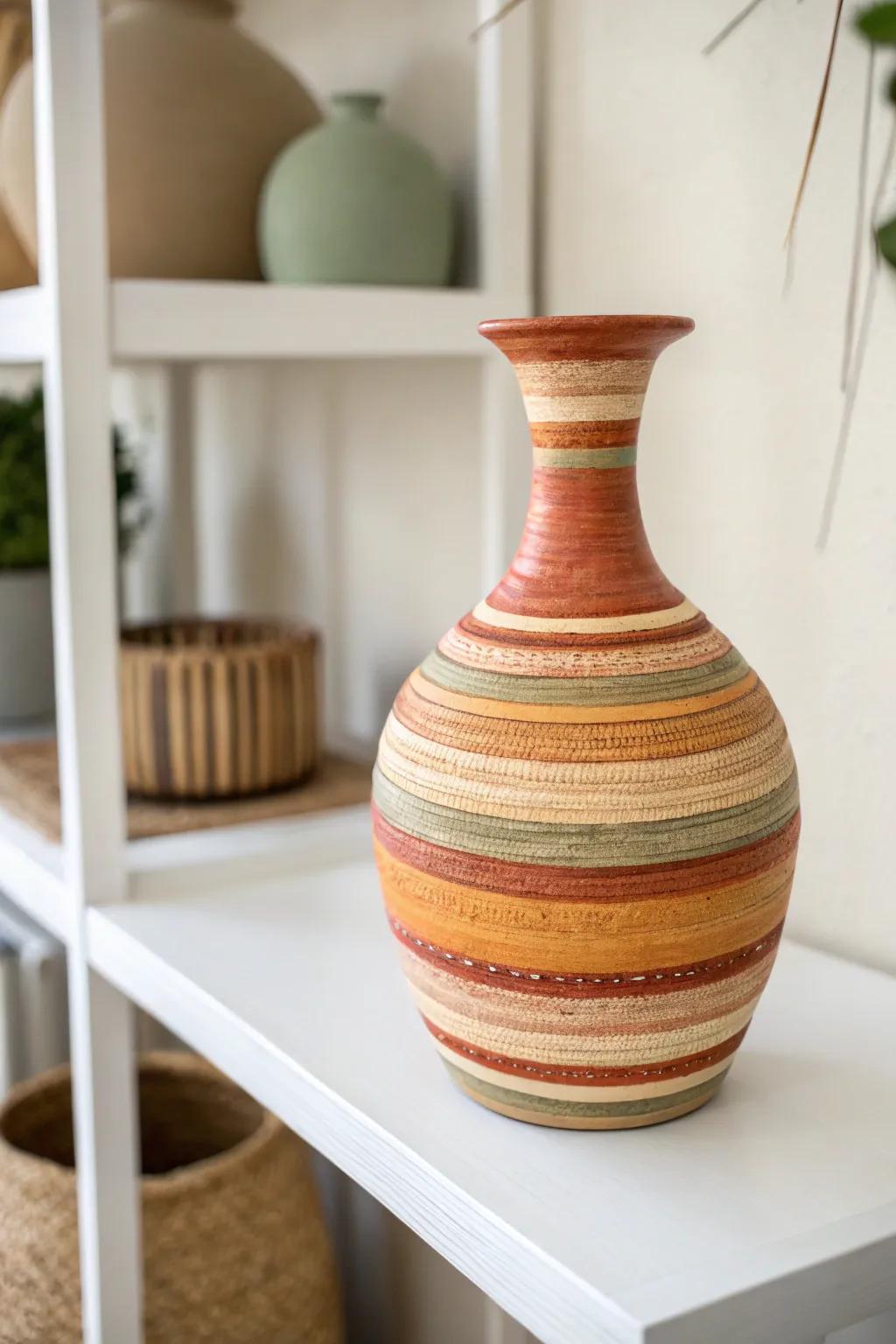 An earthenware vase with tiered colored bands adding a modern appearance.