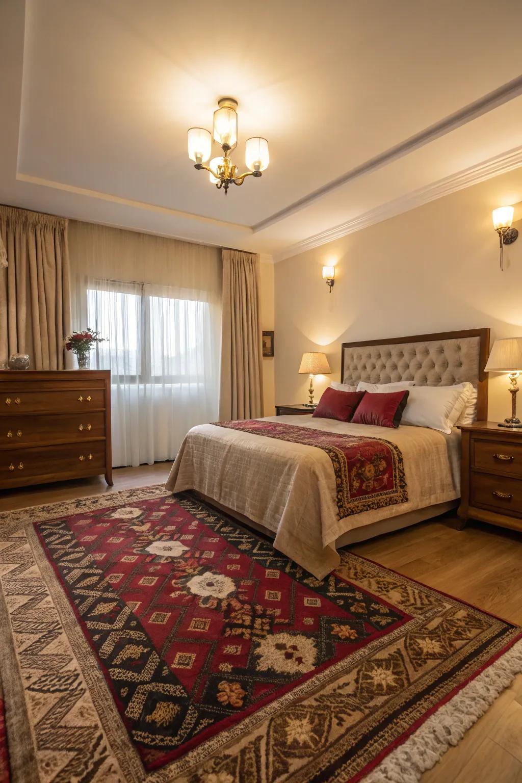 A cozy rug elevates comfort and style in the bedroom.