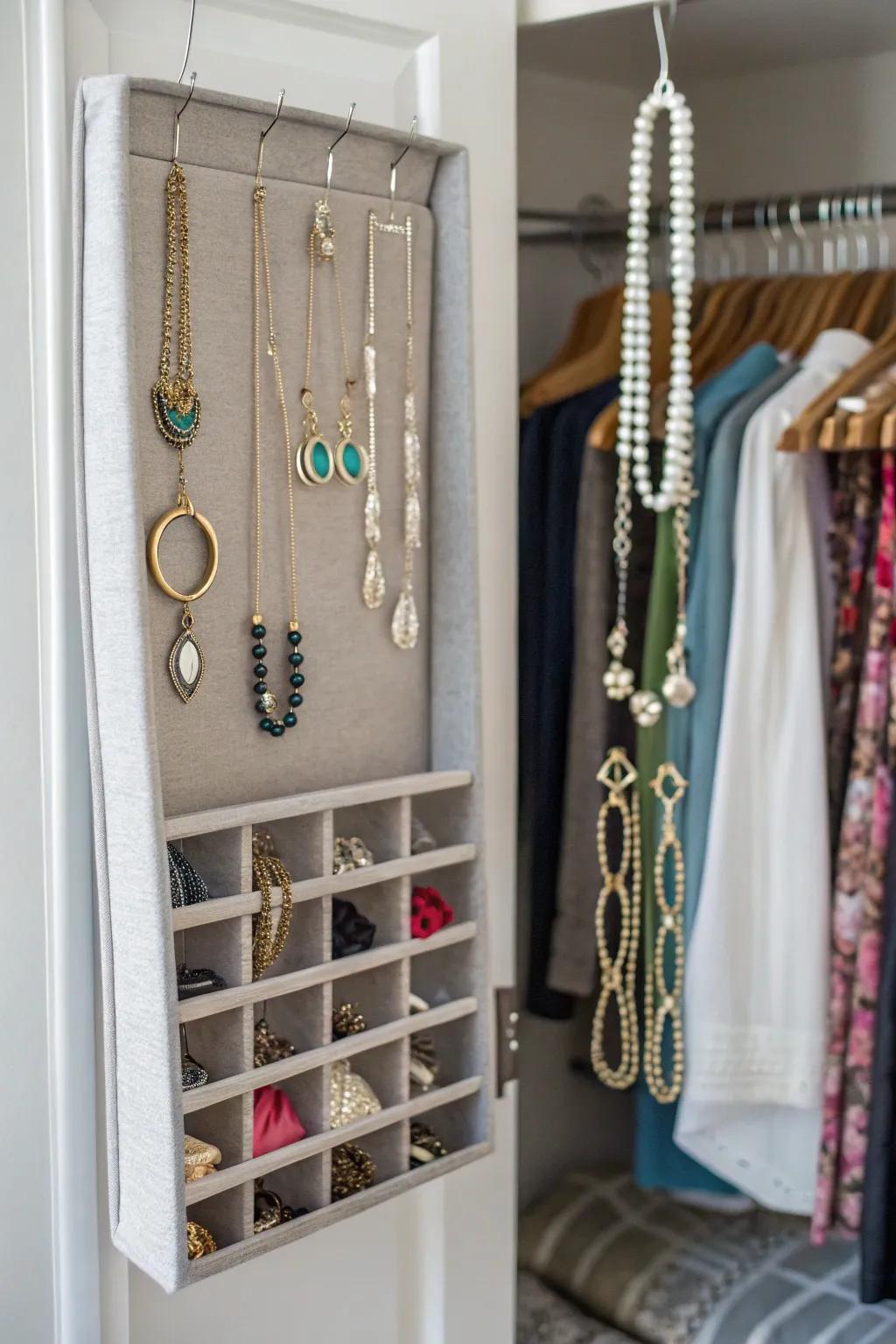 A jewelry organizer keeps accessories visible and untangled.