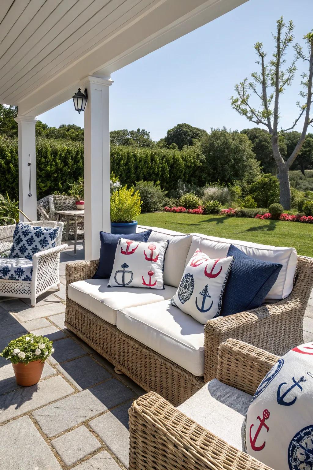 An inviting outdoor space enhances the coastal farmhouse style.