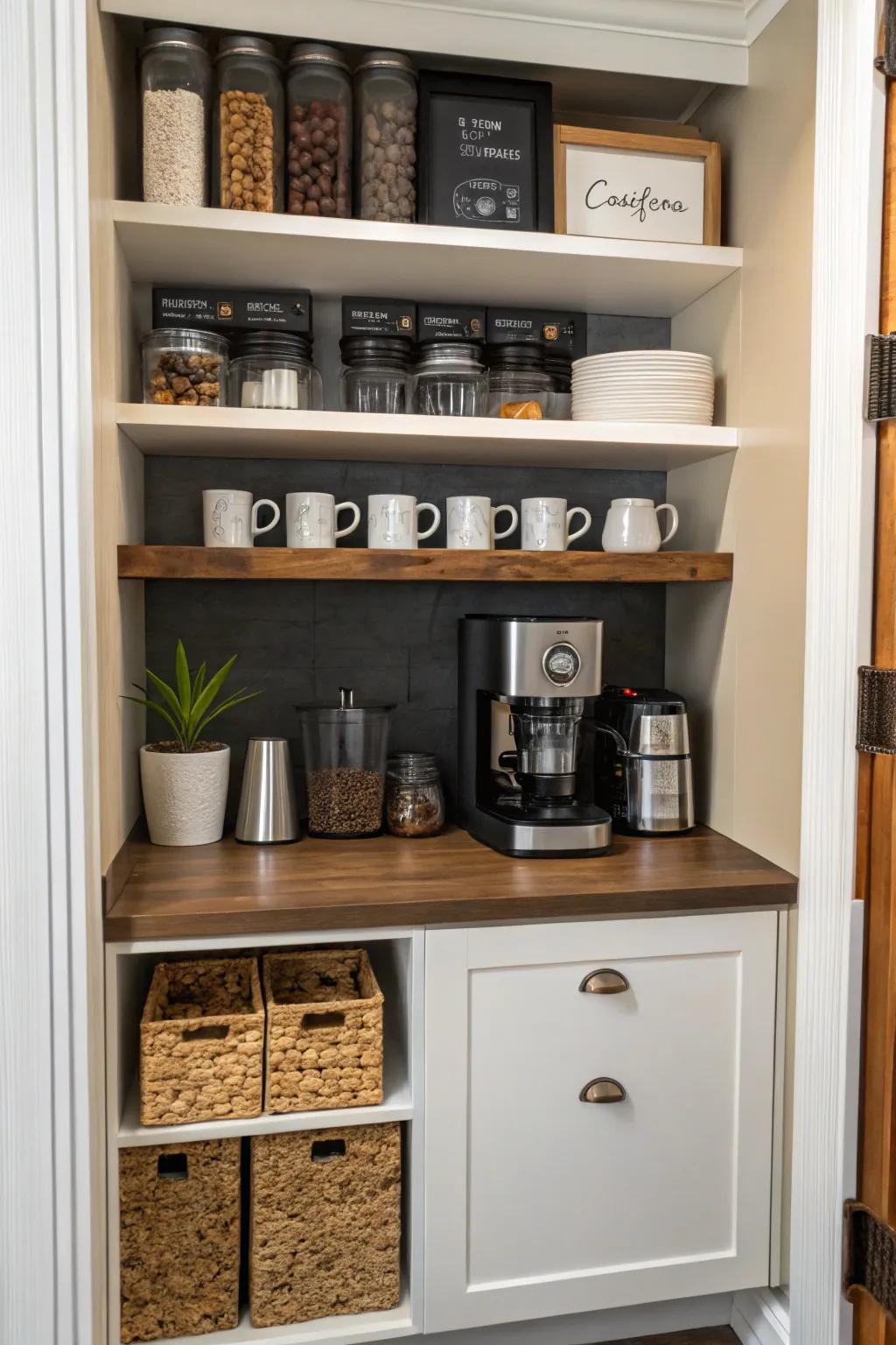 A closet turned into a creative hidden coffee bar.