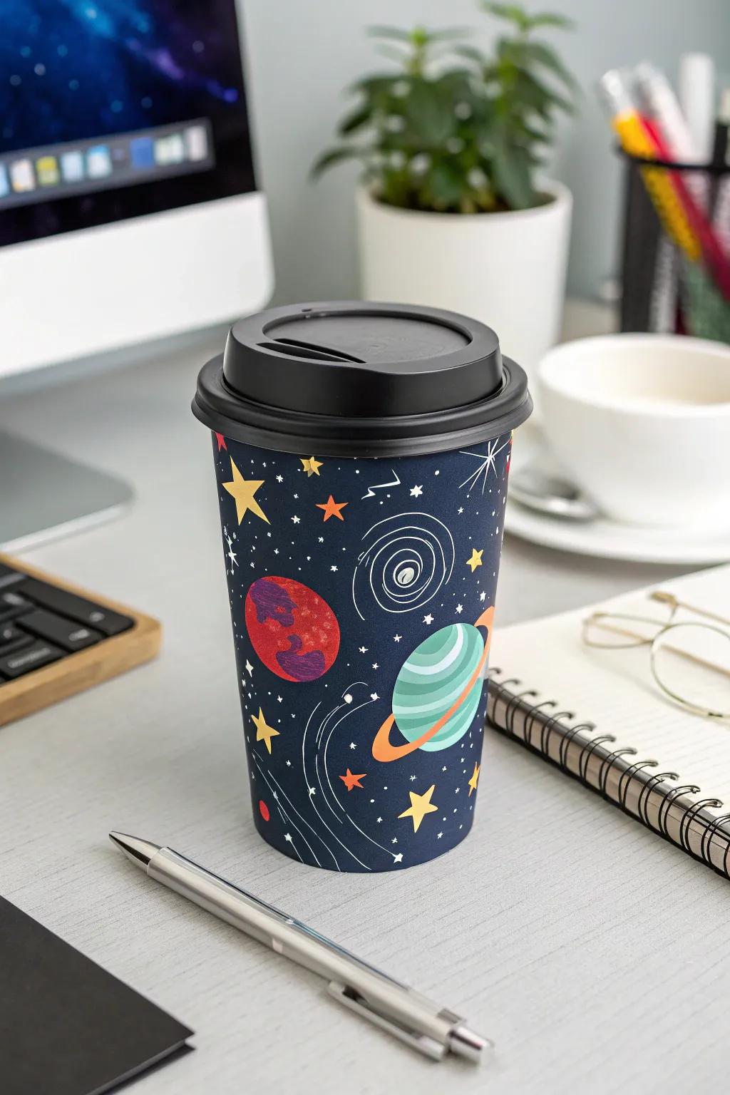 Explore the universe with every drink using coffee cups adorned with outer space patterns.