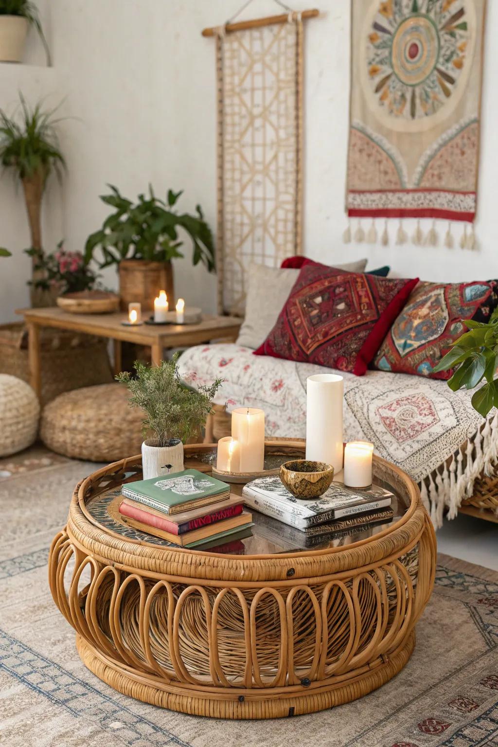 Weaved components and cane impart warmth and texture for a cozy vibe.