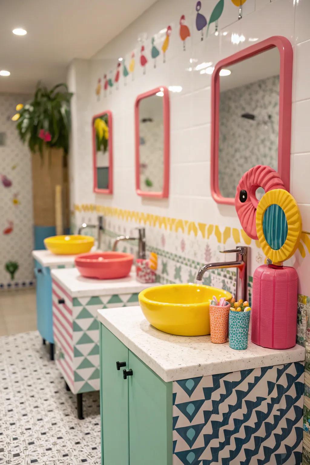 Colorful hardware adds a playful element to this guest bathroom.