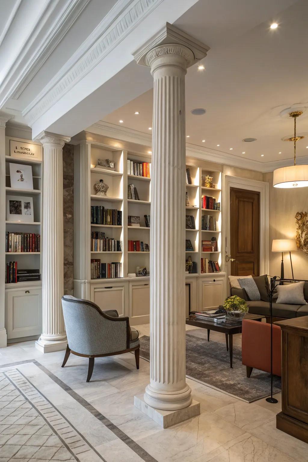 Columns with built-in bookshelves provide added functionality and style.