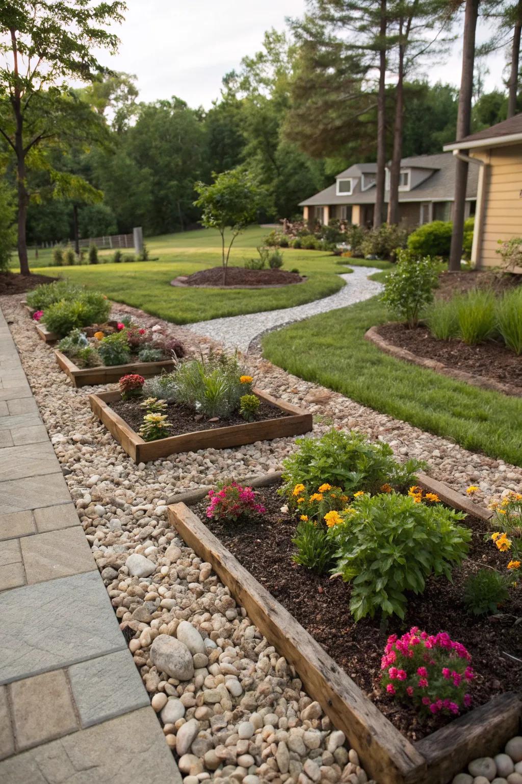 Ground cover and pebbles add texture and reduce maintenance.