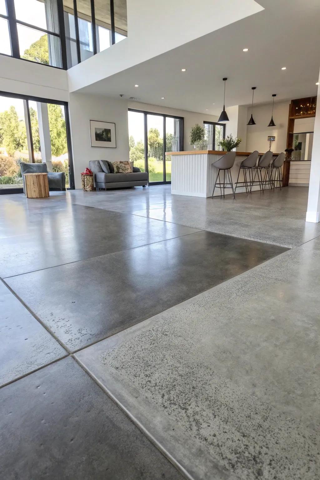 Transition-colored concrete flooring adding depth to a spacious living area.