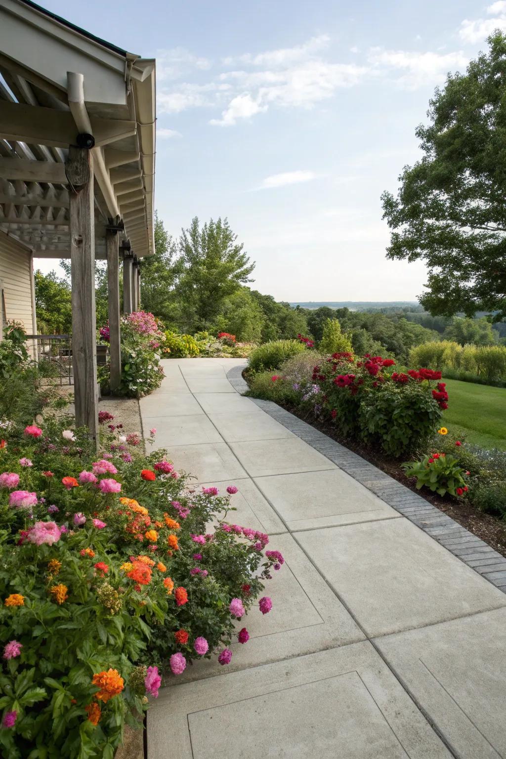 Floral borders add color and vitality to patio edges.