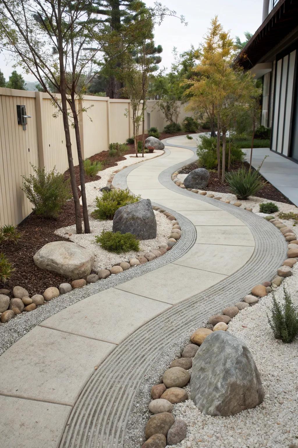 Attain peace utilizing a zen garden-inspired path.