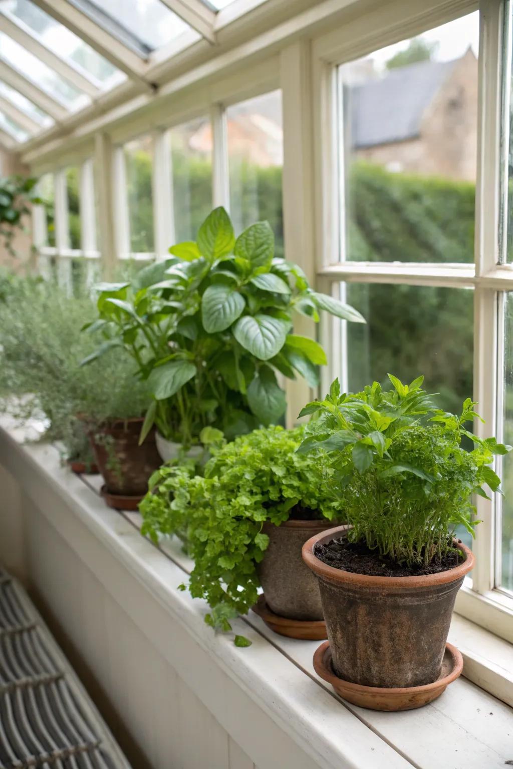 A herb seedbed thriving in a sunroom.