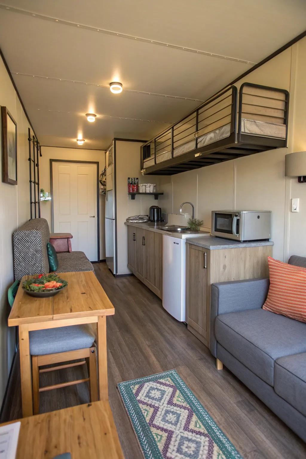 A cozy lodging area designed within a shipping container.