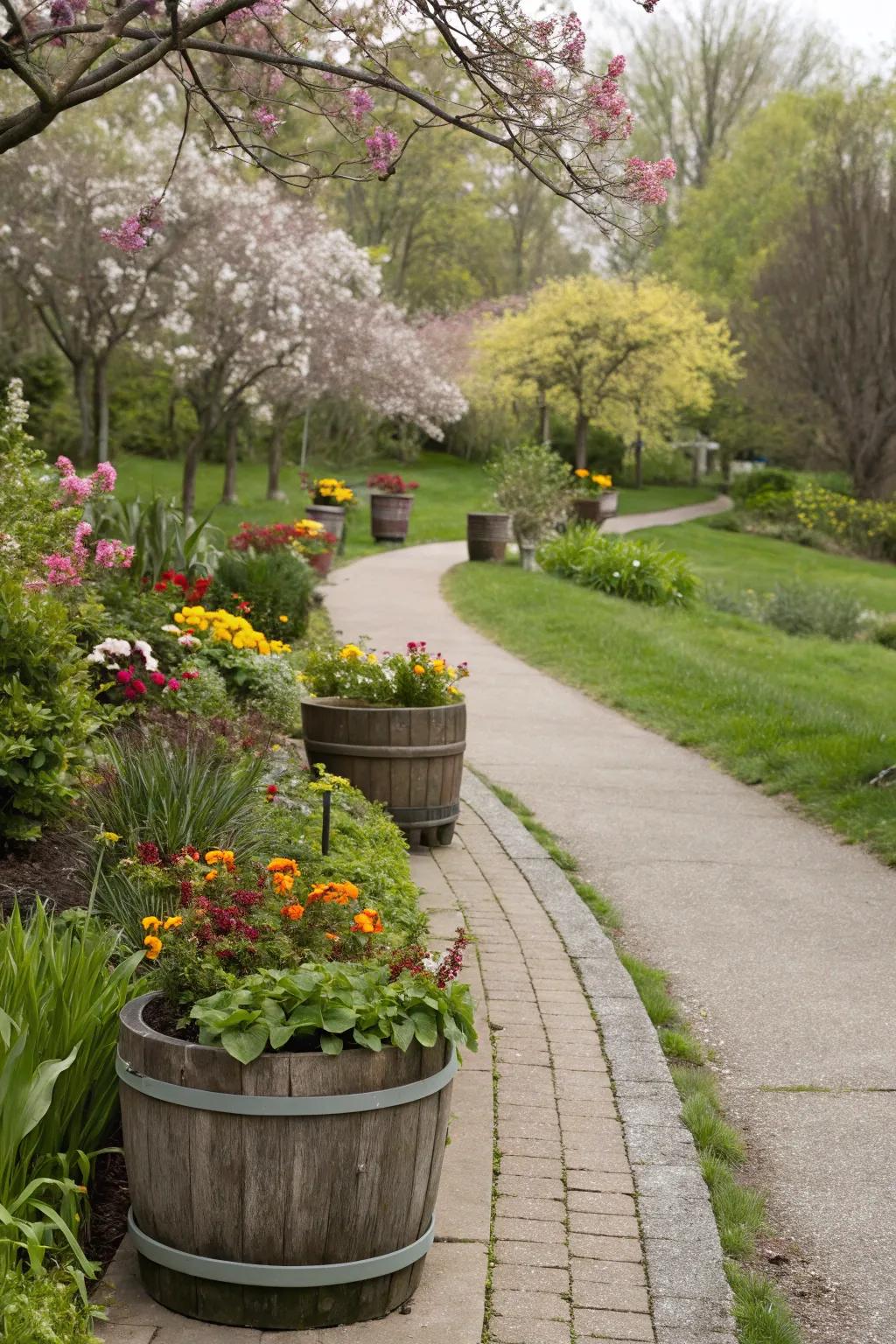 Containers guiding the pathway in a garden.