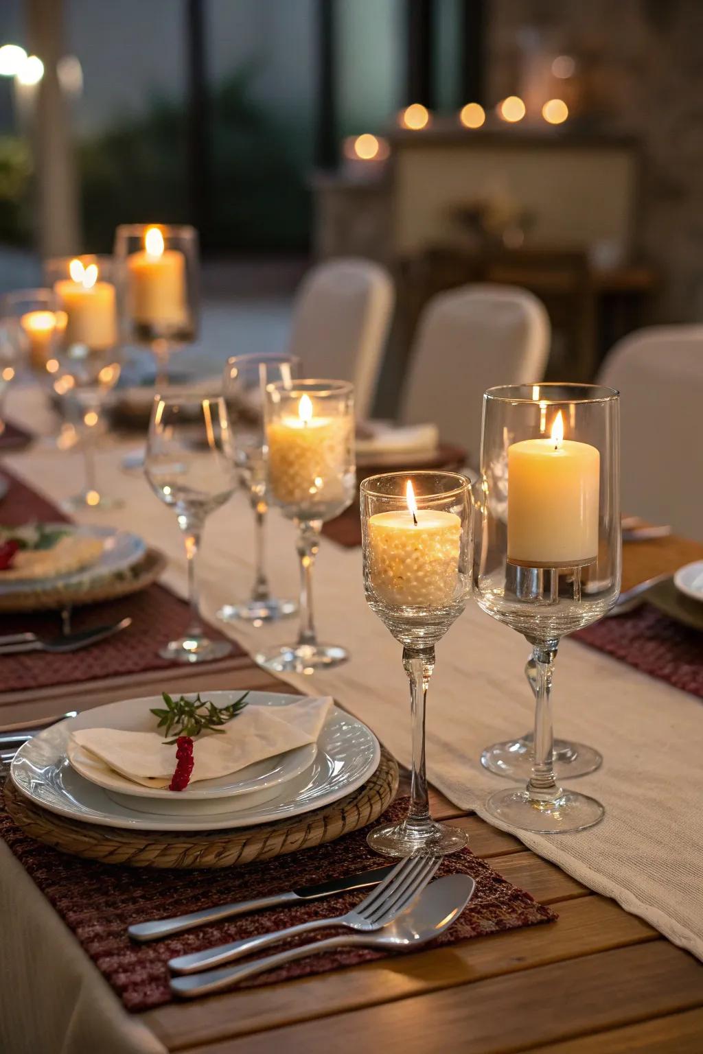 Grape stemware gelled candles infuse refinement upon every tableau.