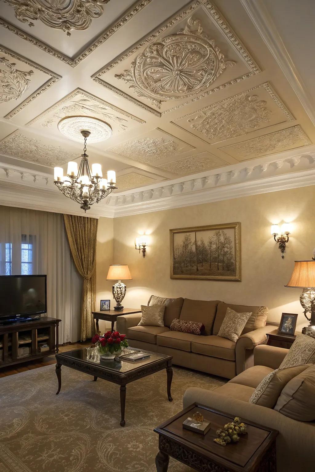 Understated ceiling minutiae append grace and intrigue to this living room.