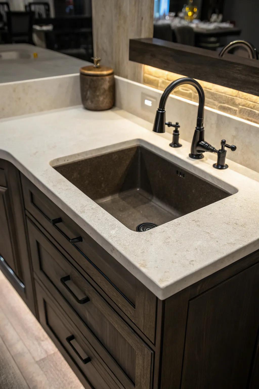 A dark corner sink creating dramatic contrast with bright kitchen surroundings.