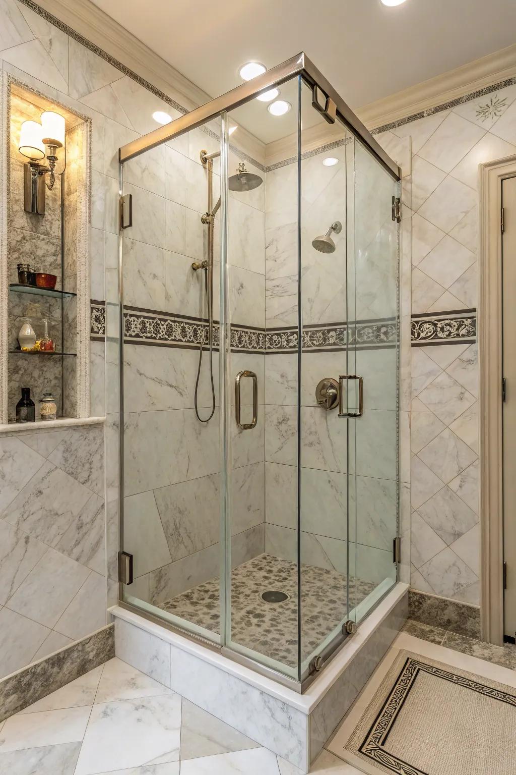 Marble-style bricks provide opulence and ease of maintenance.