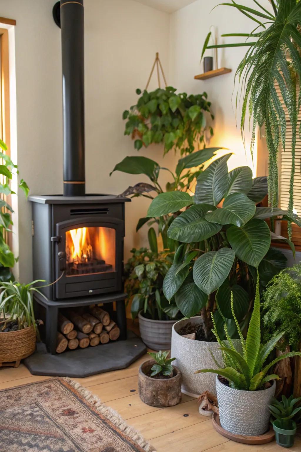 Greenery softens the space around your fireplace.