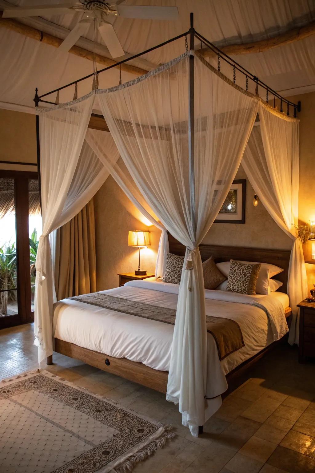 A bedroom transformed into a fairy-tale retreat with a delicate overhang.