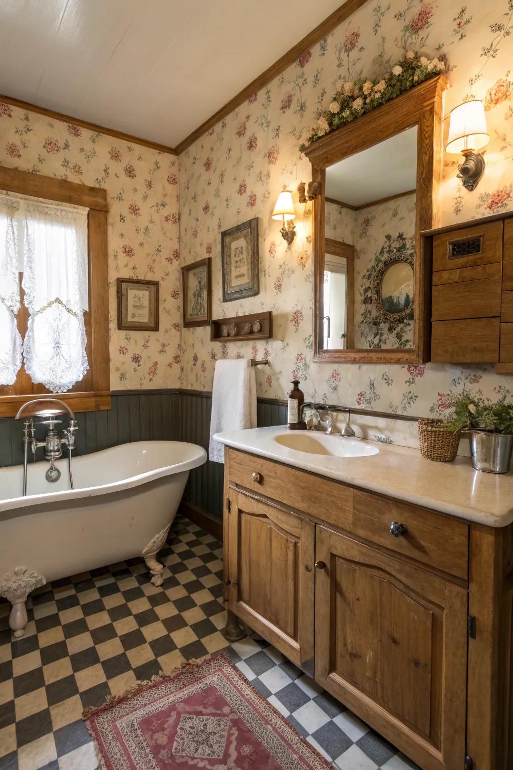 This rustic bathroom has a nostalgic charm thanks to the vintage fixtures.