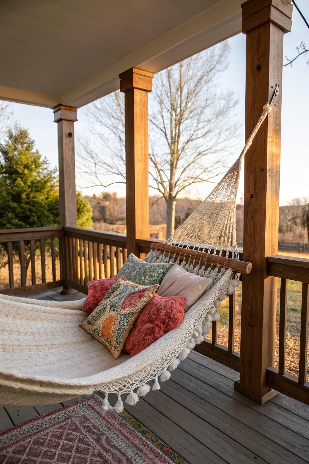 A cozy recess welcomes relaxation on your country porch.