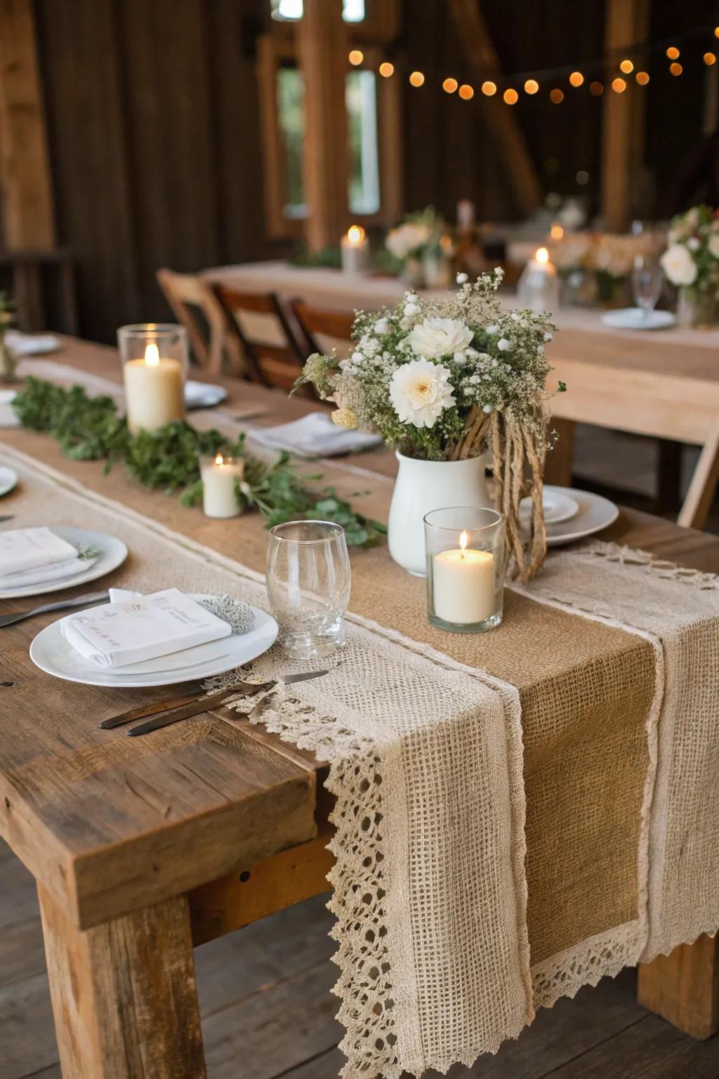 Rustic wedding décor showcasing coarse hessian platform runners for added texture.