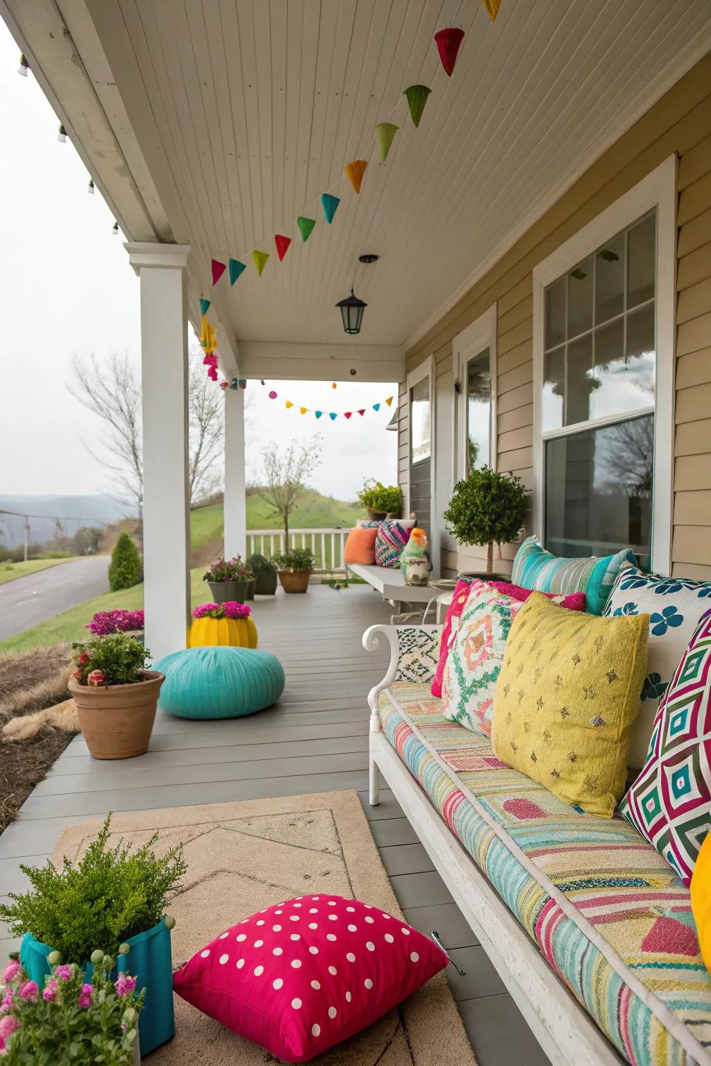Whimsical components add character and charm to the porch.