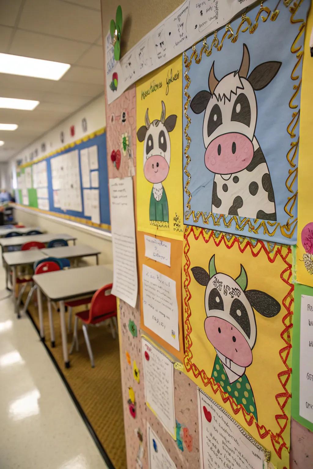 A 'Fashion Your Own Cow' display board featuring pupil artwork