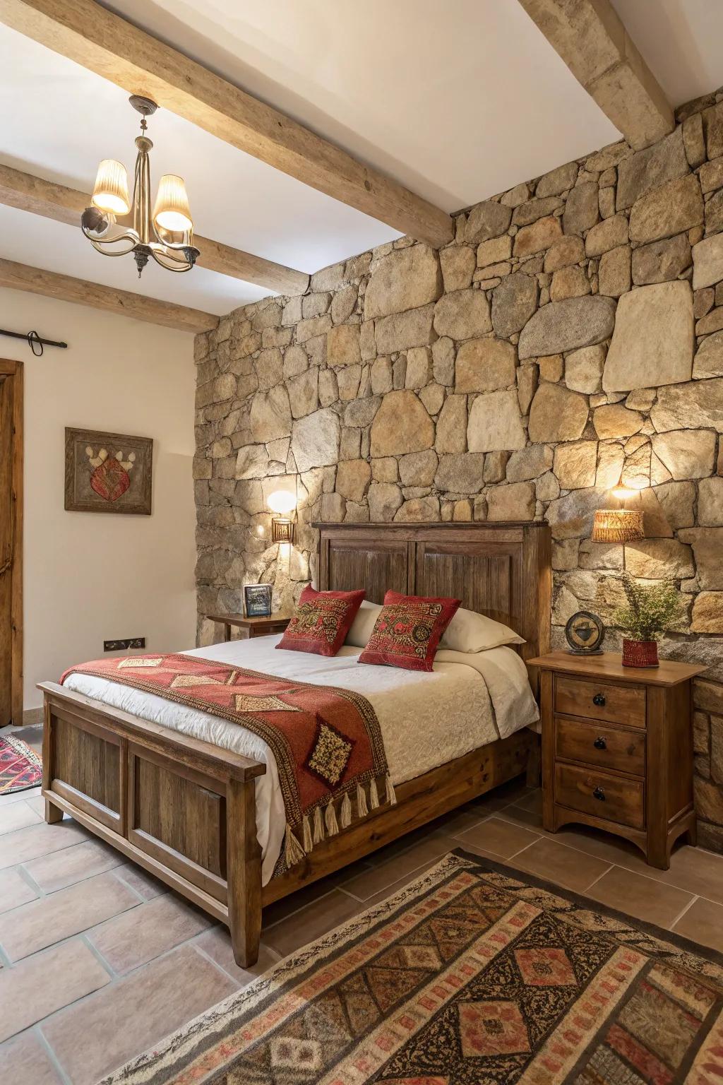 A bedroom with a striking real stone focus wall.