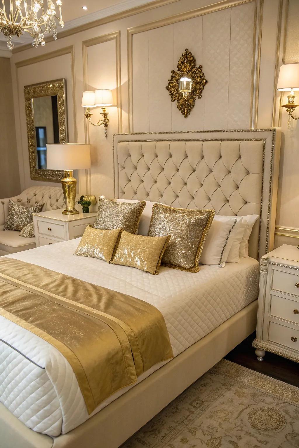 Gold accent pillows add a burst of luxury and hue to the space.