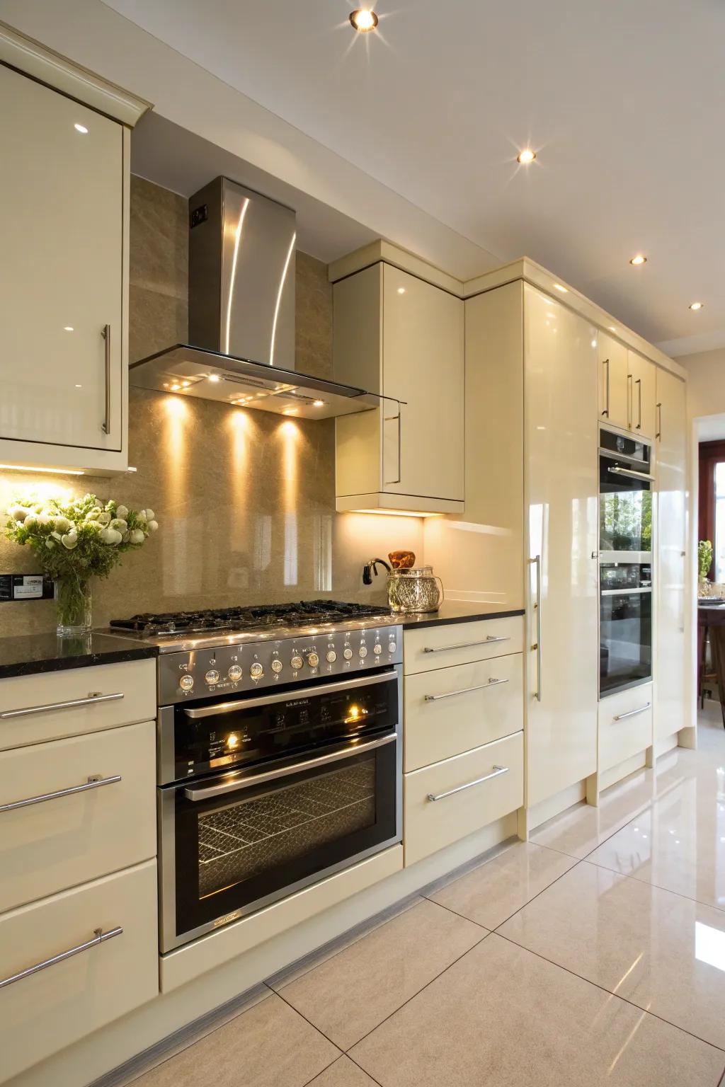 A special appliance that becomes the main focus in a cream gloss kitchen.