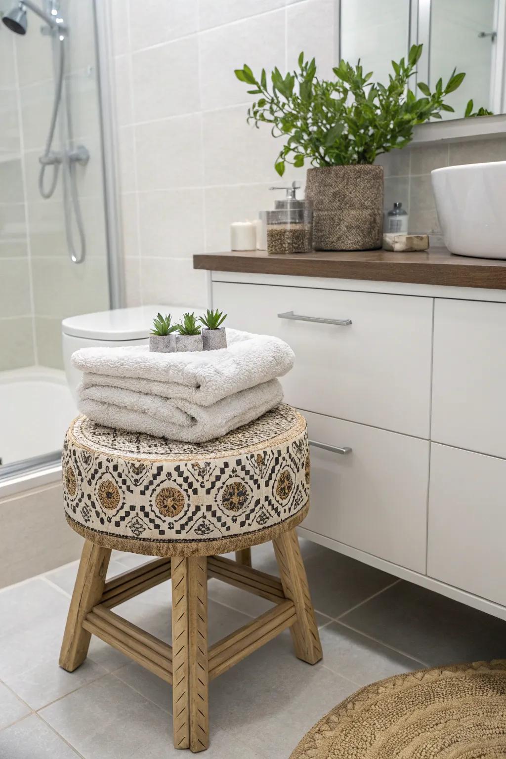 A sweet seat adds style and a spot to put your bath-time bits.