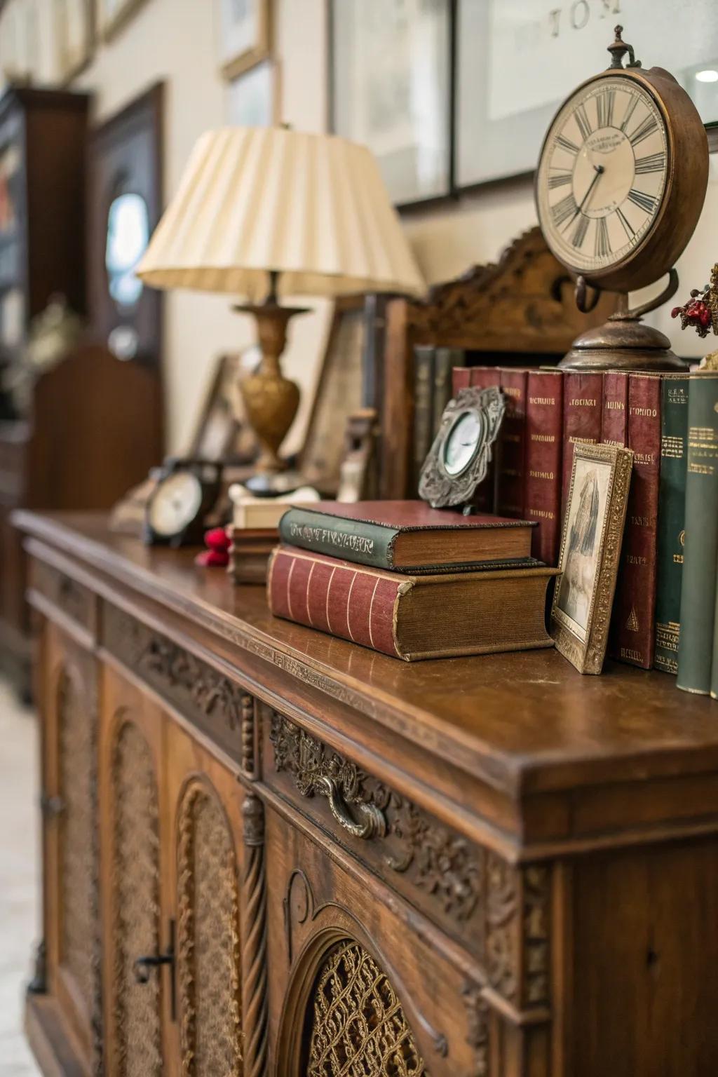 A sideboard with charming vintage decor.