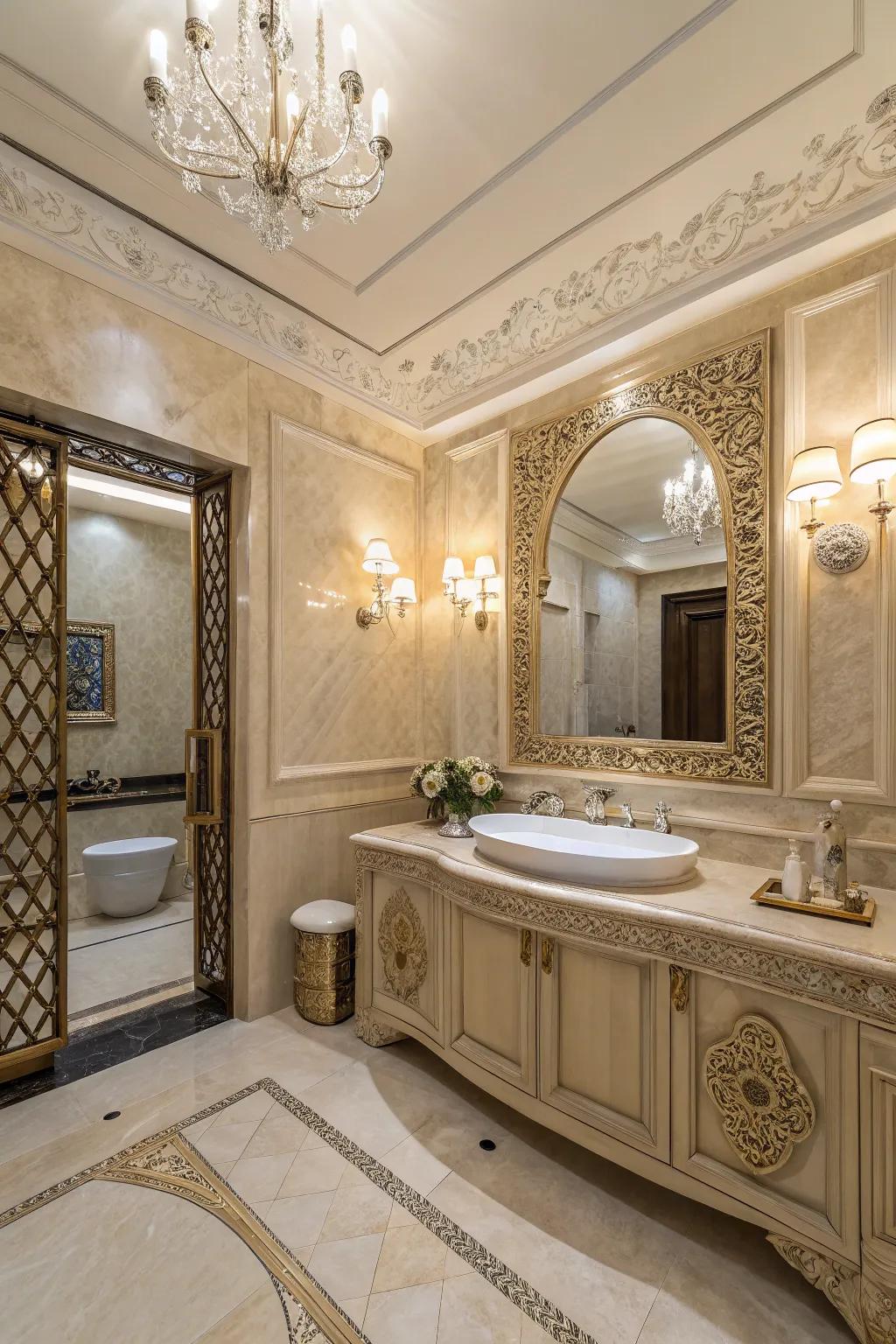 Ornate details add character to a ivory pearl bathroom.