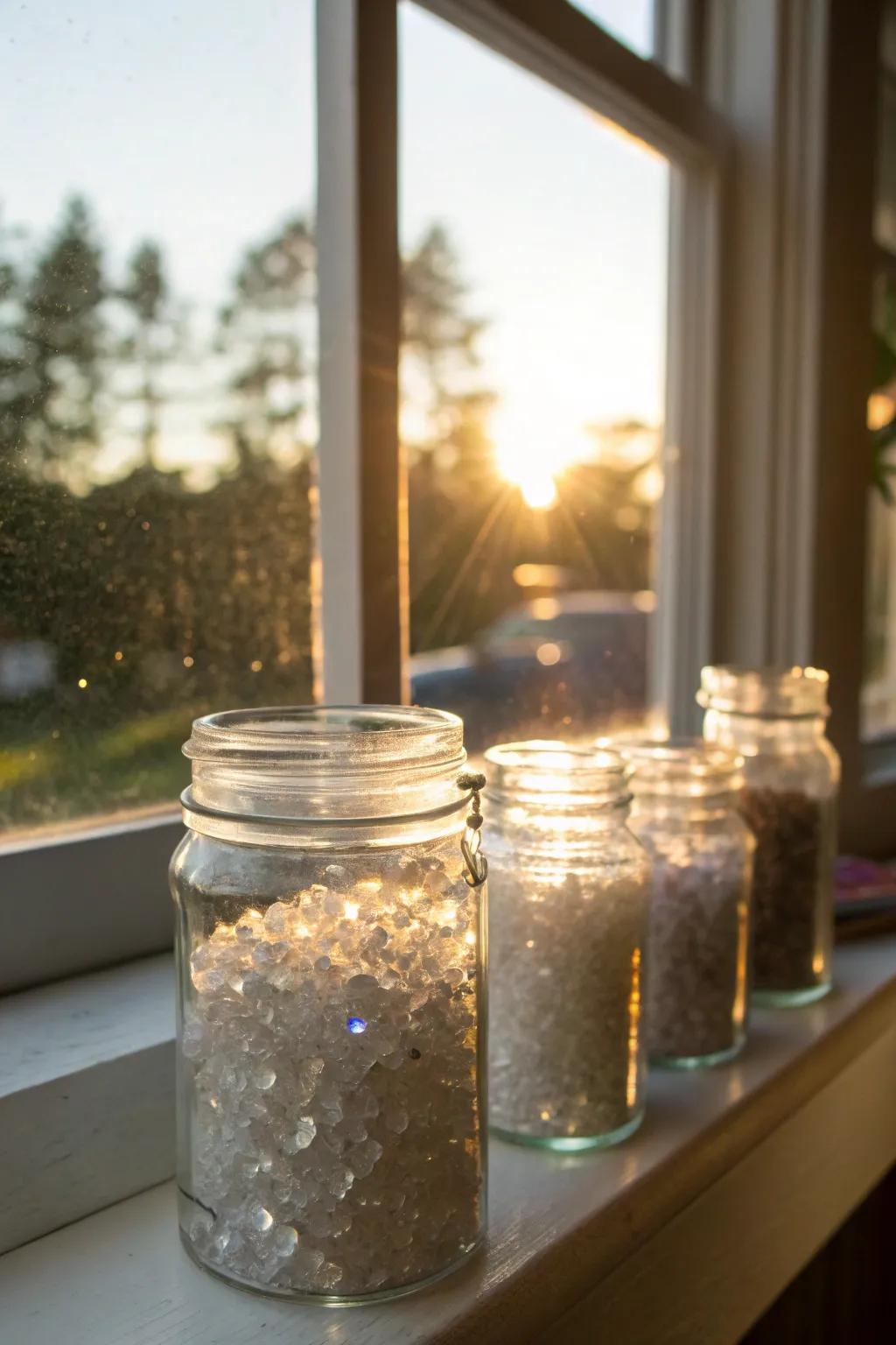 Gemstones in glass vessels construct a charming and light-capturing exhibit.