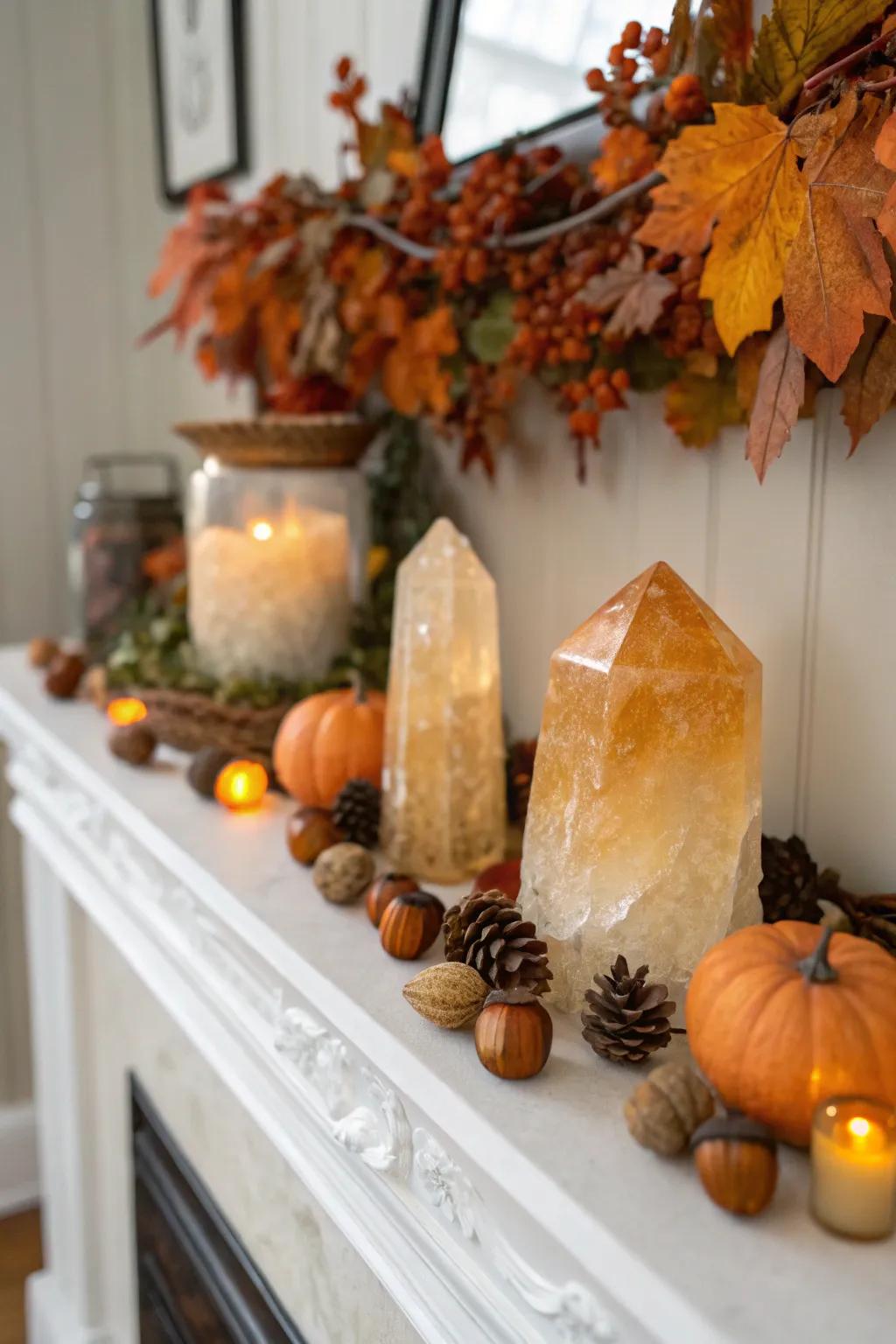A mantelpiece adorned with citrine crystals for an autumnal motif.